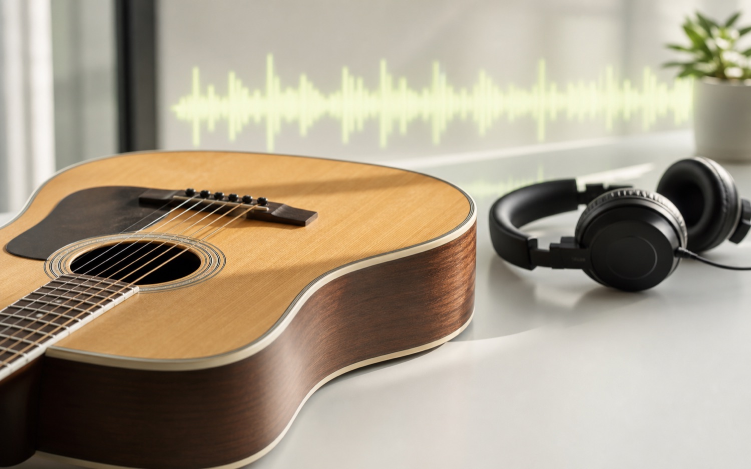 Acoustic guitar and headphones representing royalty-free hold music